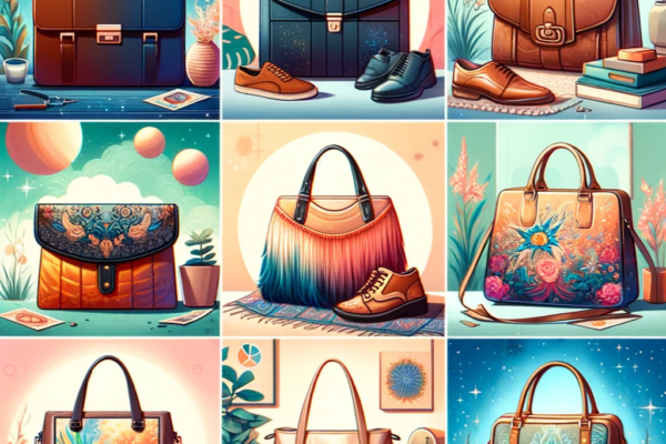 A collage showcasing a variety of handbag types, each paired with different personality traits. The image includes a sleek, professional briefcase etc.