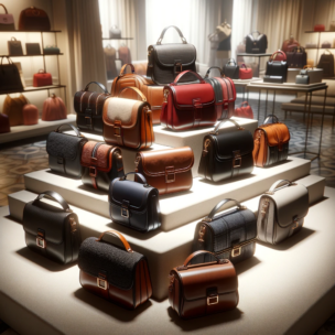 a collection of luxury cross-body bags on a display. The scene captures various high-end cross-body bags.