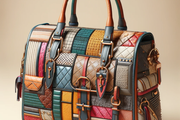 A fashionable handbag inspired by spring 2024 trends, featuring a blend of vivid colours and unique textures.