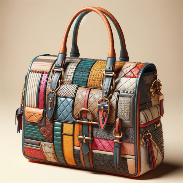 A fashionable handbag inspired by spring 2024 trends, featuring a blend of vivid colours and unique textures.