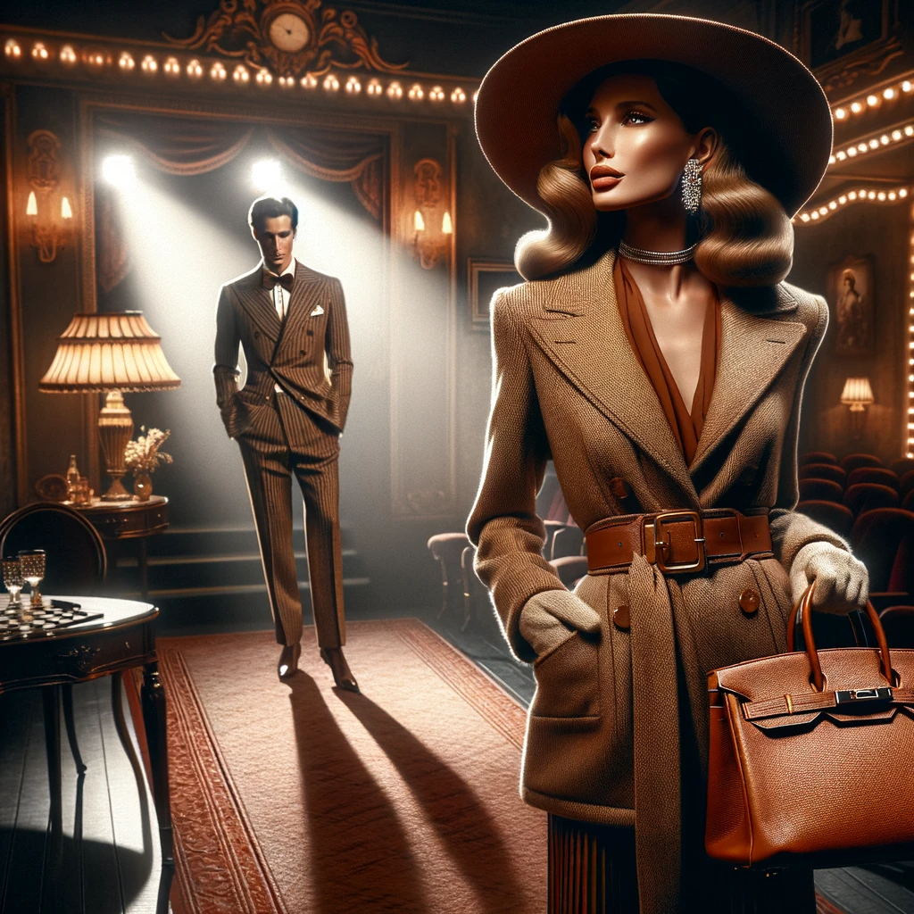 A glamorous, cinematic scene depicting a fashionable celebrity in a chic, retro outfit, prominently featuring a classic Hermès Birkin bag.