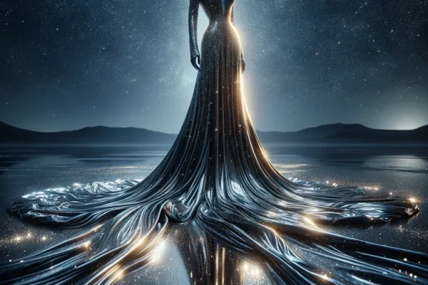 The illustration captures a gown crafted from liquid metal, embodying the intensity of a starry night. It clings and embraces the body, becoming an extension of the wearer's essence, shimmering and shifting with celestial radiance. This representation of fashion as art offers a glimpse into a world where dreams materialize, highlighting the gown's fluidity, metallic texture, and the innovative spirit of high fashion.