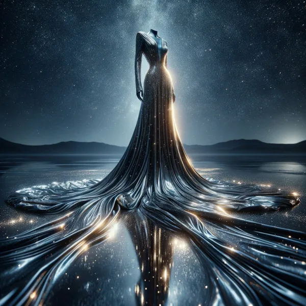 The illustration captures a gown crafted from liquid metal, embodying the intensity of a starry night. It clings and embraces the body, becoming an extension of the wearer's essence, shimmering and shifting with celestial radiance. This representation of fashion as art offers a glimpse into a world where dreams materialize, highlighting the gown's fluidity, metallic texture, and the innovative spirit of high fashion.