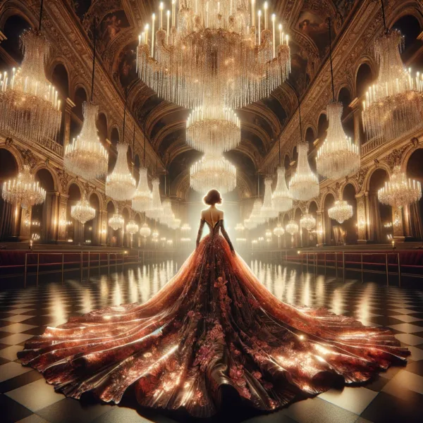 A grand ballroom, ablaze with the glow of twinkling chandeliers, setting the stage for a symphony of fashion and intrigue. Amidst this opulence, a vibrant femme fatale emerges, her gown whispering secrets untold, embodying authenticity with the audacity and grace of a queen. The grandeur of the ballroom enhances her dramatic entrance, with the soft light casting highlights on the intricate details of her enigmatic gown. This scene, rendered in a hyper-realistic style, captures the essence of elegance and mystery, inviting the viewer into an enchanting world.