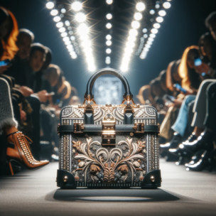 A high-fashion, elegant handbag showcased on a runway during a fashion week. The handbag is made of luxurious materials with intricate designs