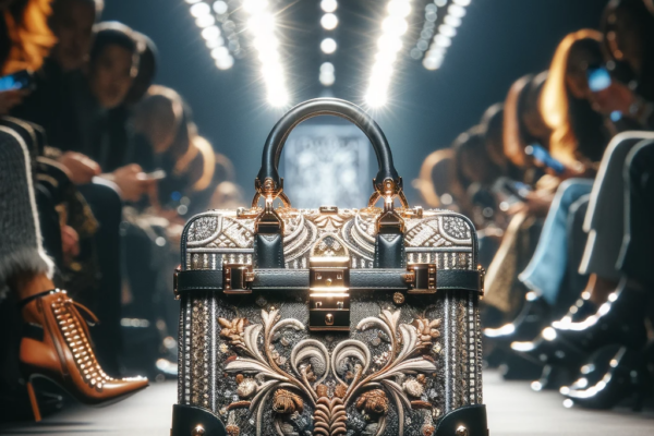 A high-fashion, elegant handbag showcased on a runway during a fashion week. The handbag is made of luxurious materials with intricate designs