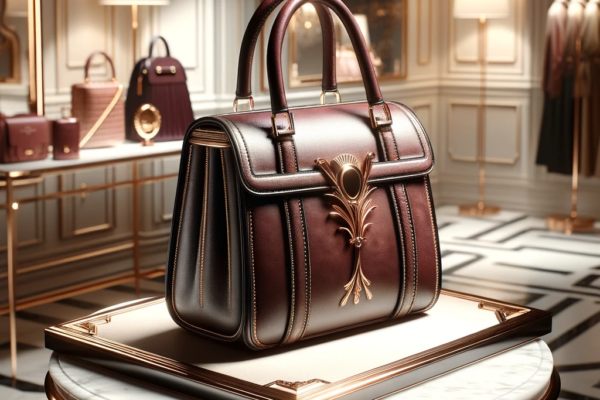 A luxurious and stylish handbag placed on an elegant pedestal. The bag is made of high-quality leather with a glossy finish, showcasing a rich burgund