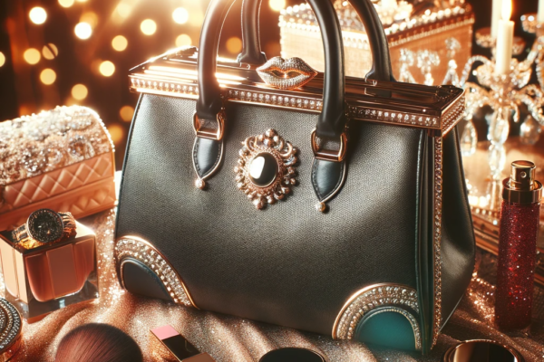 A luxurious and trendy handbag, embodying high fashion and elegance, showcased in a glamorous and sophisticated setting, with an ambiance of exclusivity.
