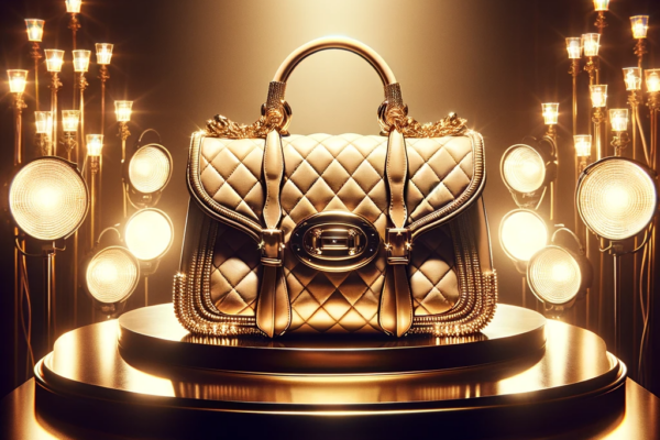 A luxurious handbag displayed in a highly stylized fashion photograph The handbag is the central focus, exuding elegance and high fashion.