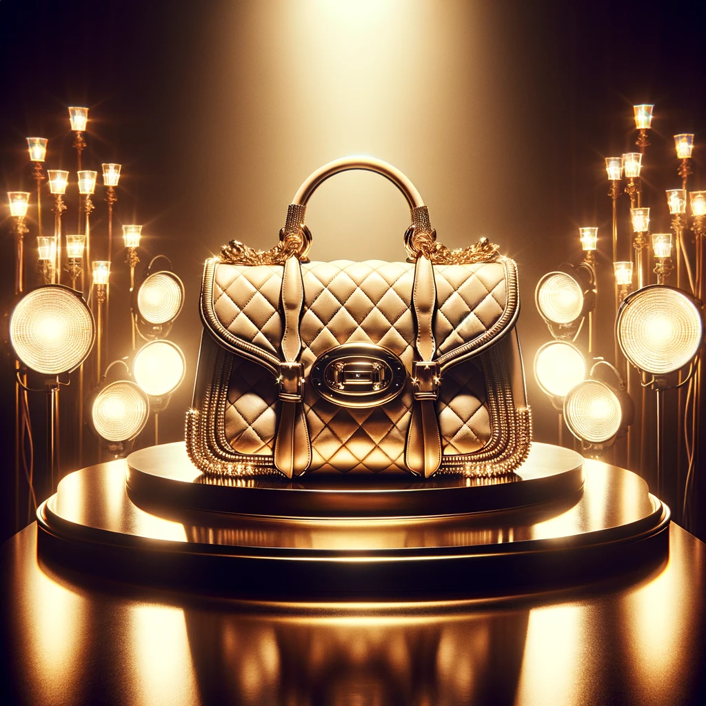 A luxurious handbag displayed in a highly stylized fashion photograph The handbag is the central focus, exuding elegance and high fashion.