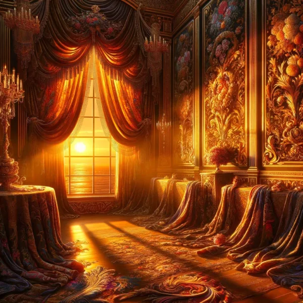 The illustration captures a room bathed in the warm glow of a golden sunset, illuminating velvet drapes and adorning the space with vibrant brocades and intricate lace. Each element in this scene whispers tales of timeless elegance and opulence, reminiscent of a grand era. The luxurious textures and rich colors under the sunset's light enhance the regal presence and irresistible mystique of the past, making the grandeur almost tangible to the viewer.