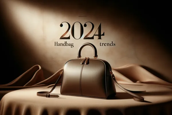 A simple yet luxurious image that beautifully highlights the 2024 Handbag Trends. The design features a single, elegant handbag against a backdrop that embodies luxury and sophistication, with large, bold text reading 2024 Handbag Trends to clearly convey the theme.