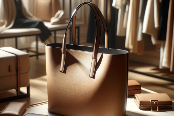 A stylish and elegant tote bag in a fashion setting. The tote is made of high-quality leather, featuring a sleek design with minimalistic details.
