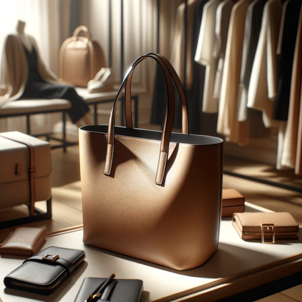 A stylish and elegant tote bag in a fashion setting. The tote is made of high-quality leather, featuring a sleek design with minimalistic details.