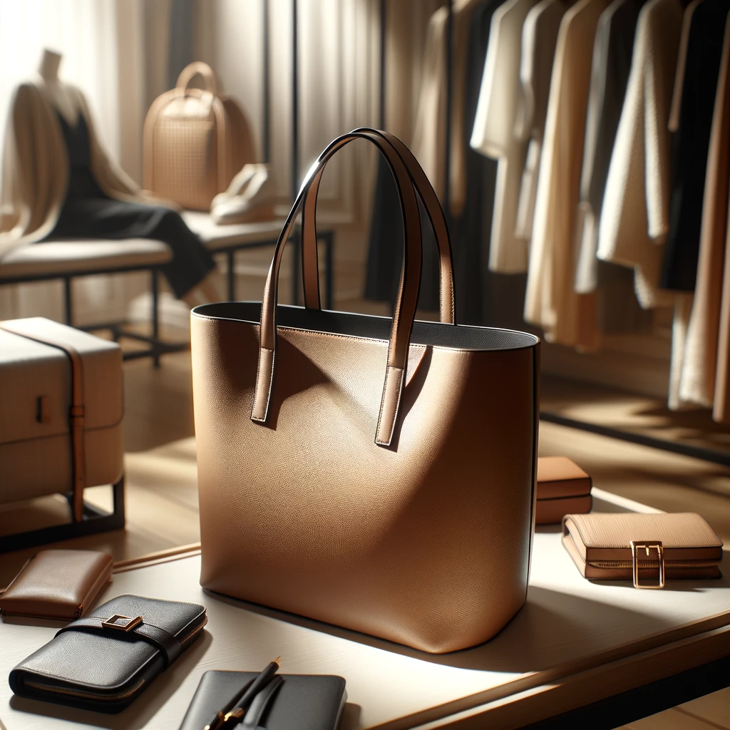 A stylish and elegant tote bag in a fashion setting. The tote is made of high-quality leather, featuring a sleek design with minimalistic details.