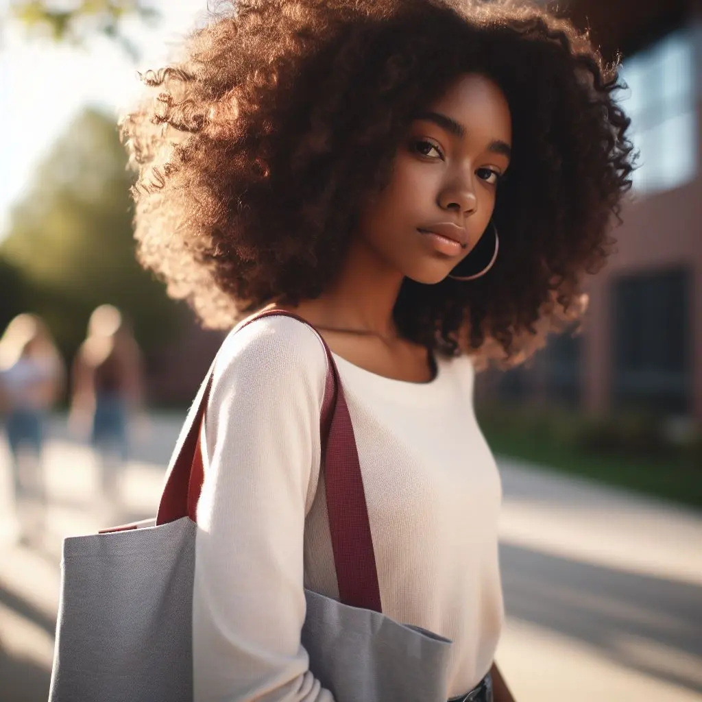 Afro Student Carrying Tote Looking at You