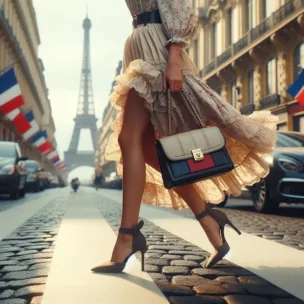 An elegant and sophisticated scene of a fashionably dressed person striding through the picturesque boulevards of Paris carrying a french designer handbag.