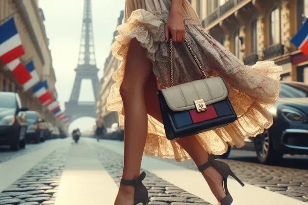 An elegant and sophisticated scene of a fashionably dressed person striding through the picturesque boulevards of Paris carrying a french designer handbag.