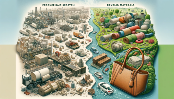 An illustration depicting the contrast between the environmental impact of producing a single handbag from scratch versus recycling materials