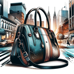An illustration of a modern, trendy handbag in an urban setting, showcasing a blend of contemporary style and functionality.