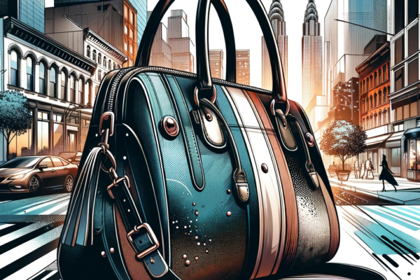 An illustration of a modern, trendy handbag in an urban setting, showcasing a blend of contemporary style and functionality.