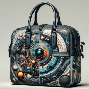 An innovative and artistic handbag showcasing the fusion of art, technology, and sustainability.