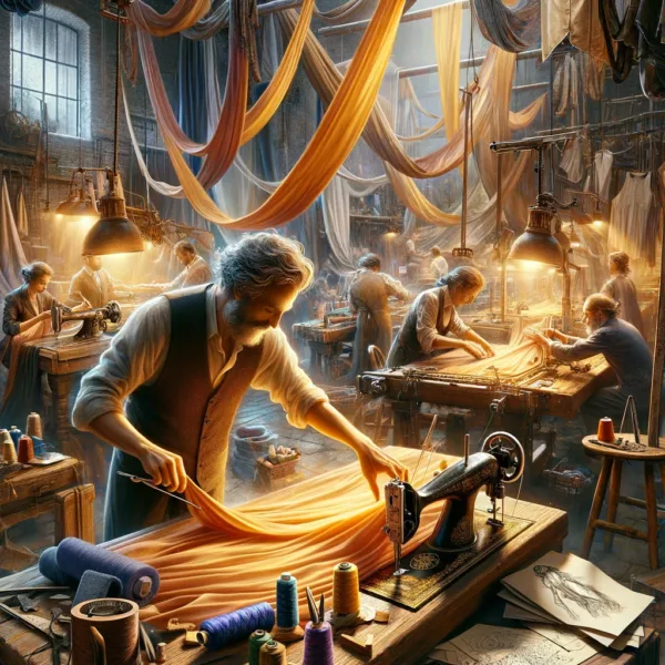 The illustration vividly captures artisans at work, their fingers as nimble as a symphony conductor's, crafting silhouettes that celebrate the human form. Surrounded by fabrics, tools, and sketches, the focus is on their skilled hands manipulating the fabric with precision and grace.