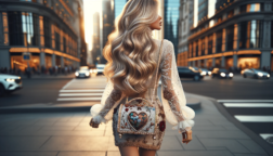 The image captures a young lady's elegance and the romantic, whimsical touch of her handbag against a vibrant urban backdrop.