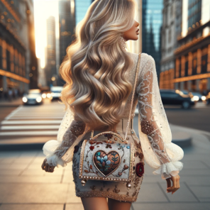 The image captures a young lady's elegance and the romantic, whimsical touch of her handbag against a vibrant urban backdrop.