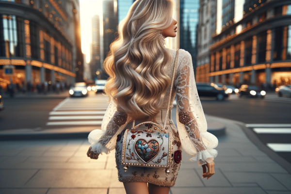 The image captures a young lady's elegance and the romantic, whimsical touch of her handbag against a vibrant urban backdrop.