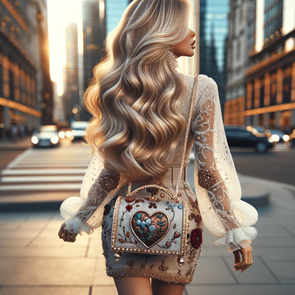 The image captures her elegance and the romantic, whimsical touch of the handbag against the vibrant urban backdrop.