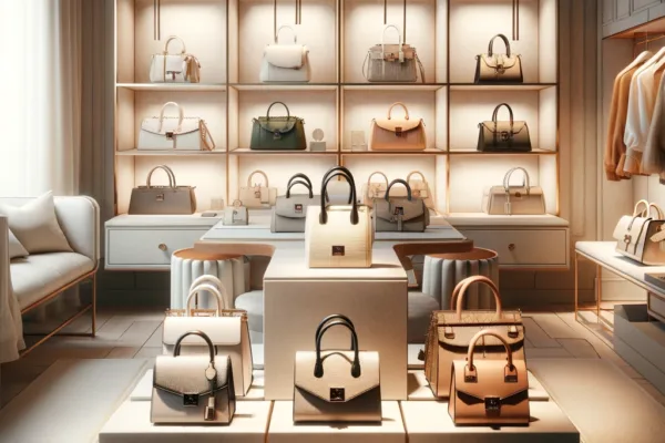 A boutique setting beautifully showcases a variety of off-brand designer-style handbags, capturing the essence of affordable luxury and ethical fashion. The serene and sophisticated design of the boutique, combined with the unique and elegant handbags on display, invites discerning fashionistas to explore a world where true style transcends brand names.