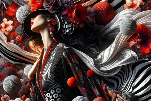 This image depicts a realm where black and white collide with fierce intensity, interspersed with audacious polka dots and fiery reds that ignite the essence of your being. Elegant stripes and bohemian florals intertwine, creating a mesmerizing fusion that mirrors the vibrant tapestry of life itself. This dynamic interplay of patterns and colors showcases a bold juxtaposition of styles, rendered in a hyper-realistic style that emphasizes the intricate details and vivid colors, reflecting the complexity and beauty of contrasting elements coming together to form a cohesive whole.