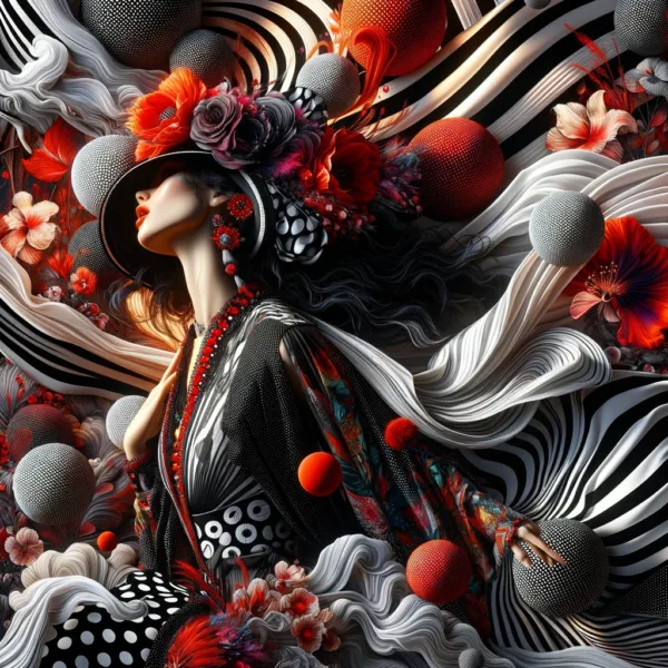 This image depicts a realm where black and white collide with fierce intensity, interspersed with audacious polka dots and fiery reds that ignite the essence of your being. Elegant stripes and bohemian florals intertwine, creating a mesmerizing fusion that mirrors the vibrant tapestry of life itself. This dynamic interplay of patterns and colors showcases a bold juxtaposition of styles, rendered in a hyper-realistic style that emphasizes the intricate details and vivid colors, reflecting the complexity and beauty of contrasting elements coming together to form a cohesive whole.