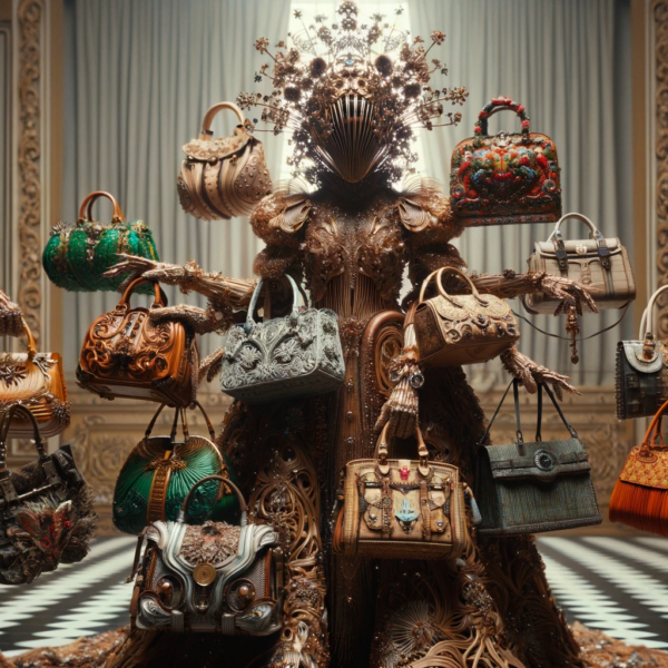 Handbag Material Recycling photograph depicting a woman holding and hanging many handbags, wearing tree-like clothes with a tree-like face-mask that has branches growing from it.