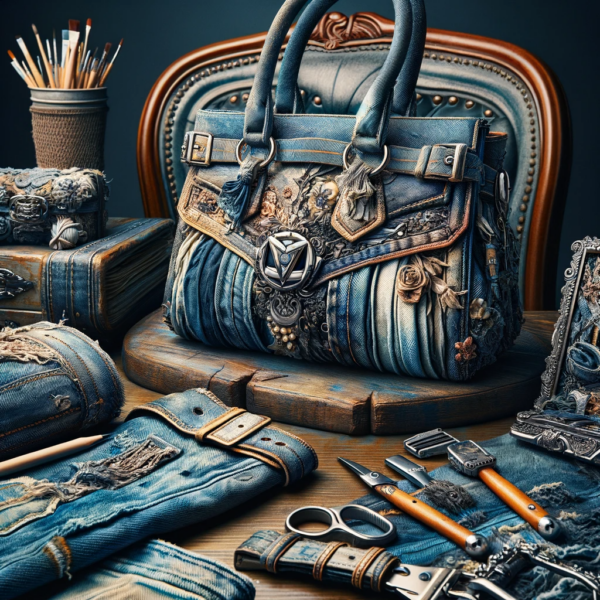 Handbag crafted from reclaimed denim, with its unique texture and faded hues telling a story of its previous life