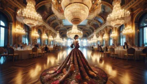 Image of the grand ballroom scene you described, capturing the essence of an opulent symphony of fashion, with a vibrant femme fatale at its heart. Her intricate gown and the surrounding grandeur are brought to life in this hyper-realistic and detailed portrayal.