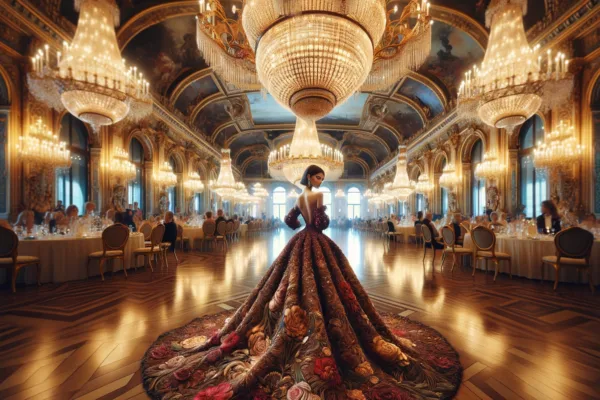 Image of the grand ballroom scene you described, capturing the essence of an opulent symphony of fashion, with a vibrant femme fatale at its heart. Her intricate gown and the surrounding grandeur are brought to life in this hyper-realistic and detailed portrayal.