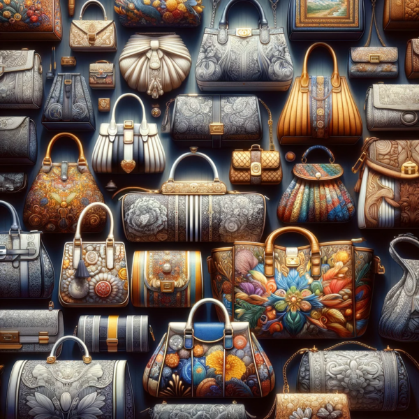 Illustration reflecting the concept of 'International Flair in Handbag Designs', where each handbag is a statement of art, culture, and global influence.