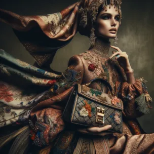 A Beautiful female model is captured in a moment of elegance, draped in sumptuous fabrics and carrying a luxurious handbag.