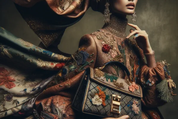 A Beautiful female model is captured in a moment of elegance, draped in sumptuous fabrics and carrying a luxurious handbag.