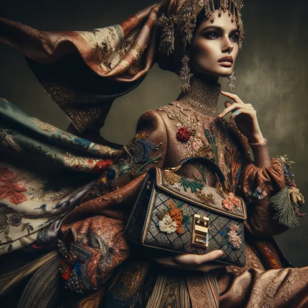 A Beautiful female model is captured in a moment of elegance, draped in sumptuous fabrics and carrying a luxurious handbag.