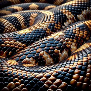 Snake skin, displaying the detailed texture and pattern in a mesmerizing array of colors that include shades of brown, gold, and black