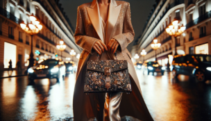 Photograph capturing the essence of a sophisticated woman gliding through the Parisian streets at night, with her handbag gleaming against the backdrop of city lights. This image embodies the elegance and mystery of the scene, highlighting the luxurious and almost magical appearance of the handbag.