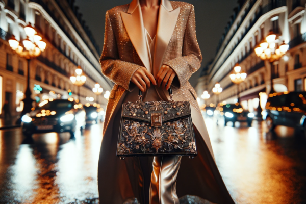 Photograph capturing the essence of a sophisticated woman gliding through the Parisian streets at night, with her handbag gleaming against the backdrop of city lights. This image embodies the elegance and mystery of the scene, highlighting the luxurious and almost magical appearance of the handbag.