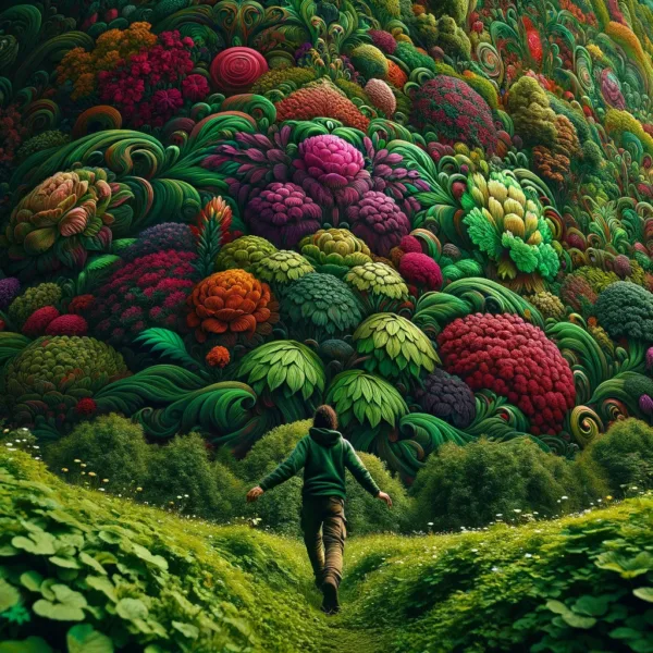 Image capturing the essence of striding through a verdant meadow, surrounded by the vibrant and lush colors of nature. This scene embodies the harmony and whimsy of nature's palette, brought to life with intricate details and a hyper-realistic style.