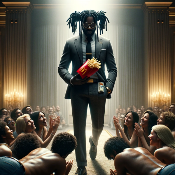 The Celestial Pull of Celebrity Endorsements, featuring a Black man holding McDonalds fries.