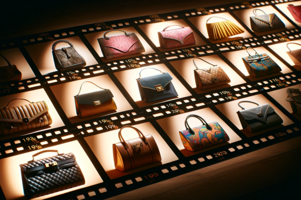 A cinematic-style portrayal of the evolution of handbags from the 1920s to the present.