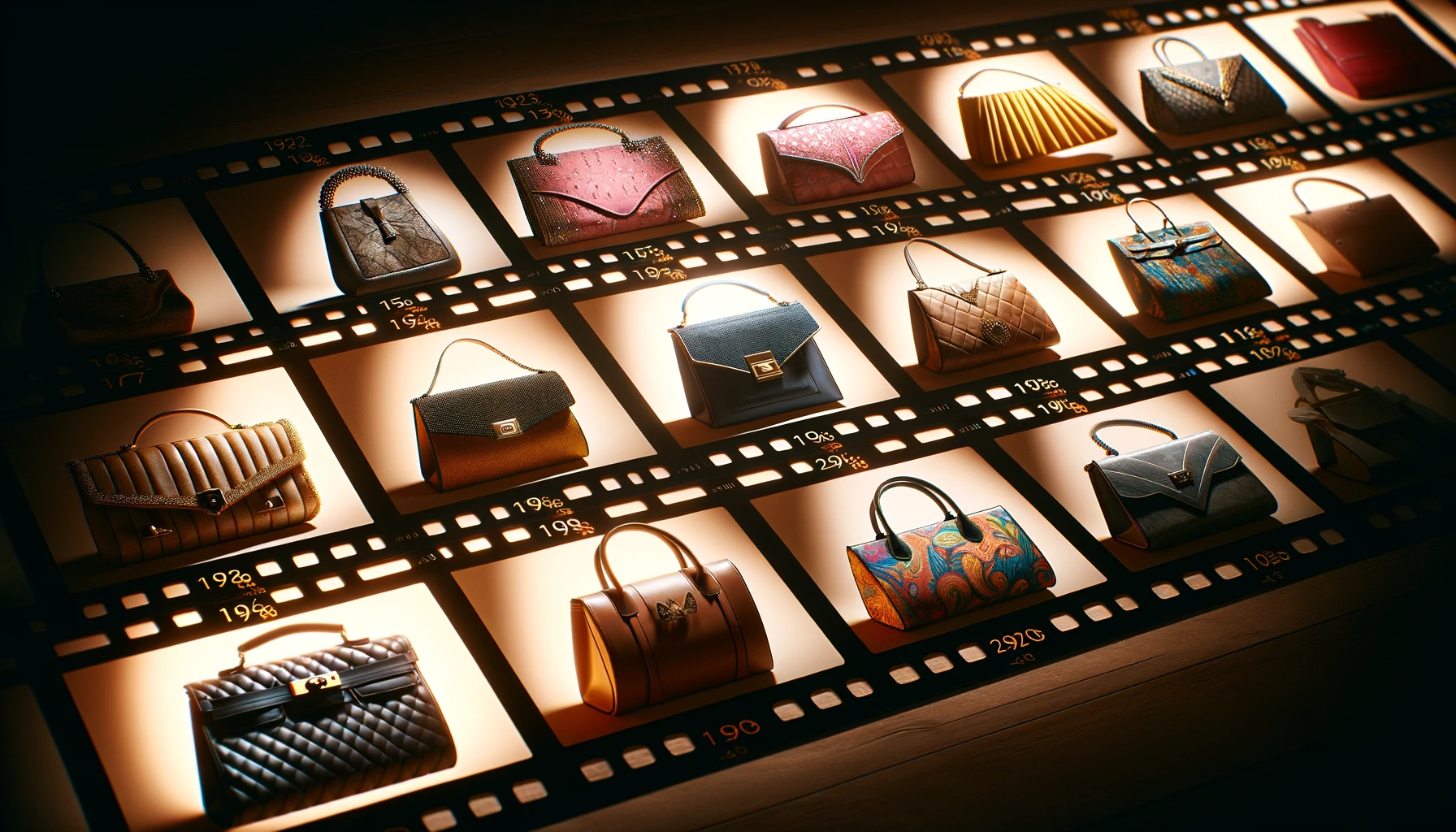 A cinematic-style portrayal of the evolution of handbags from the 1920s to the present.