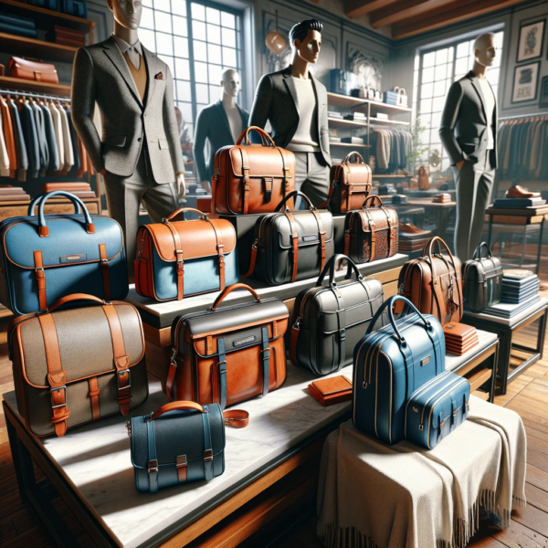 The rise of men's handbags in fashion. The image features a variety of stylish and functional bags